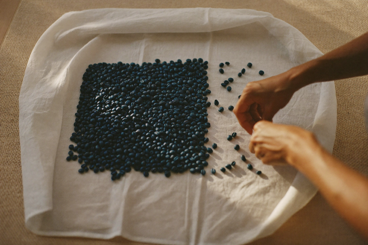 Fingers sorting roasted beans spread on linen