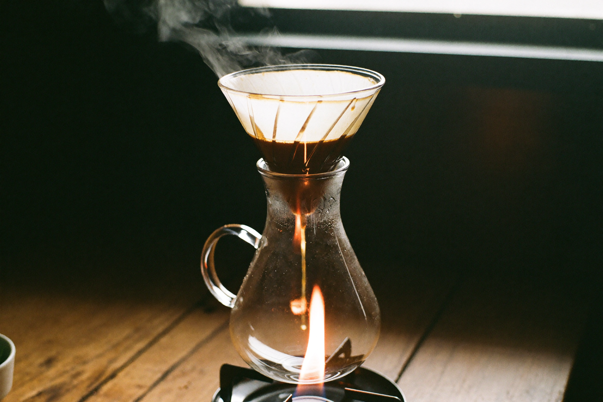 A glass siphon brewer mid-brew, water risen into the upper chamber