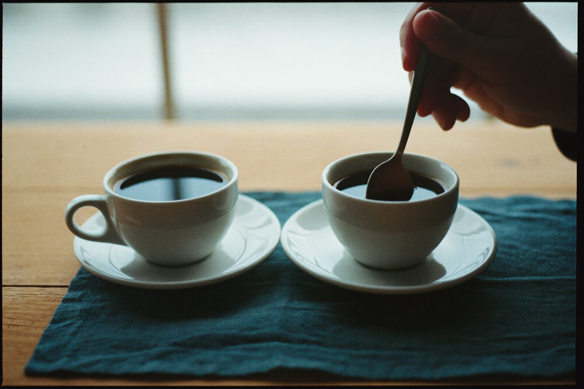 Two identical white cups of coffee side by side on teal linen, a hand lifting a spoon from the right-hand cup.
