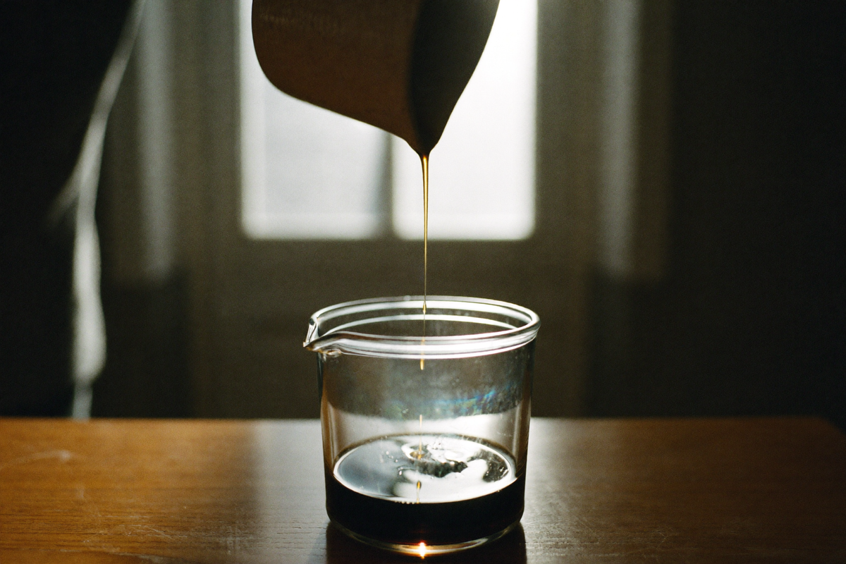 A thin thread of coffee falling from a cone into a glass server, lit from behind so it reads amber where it is thin.