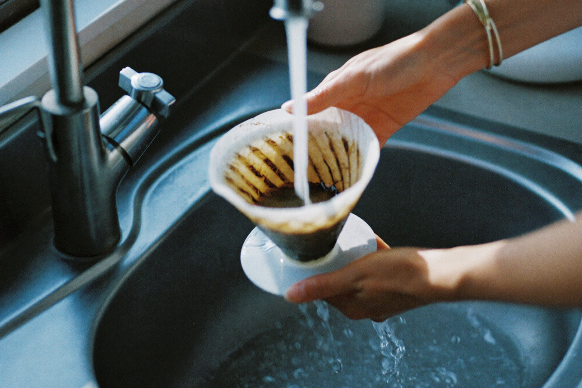 Hands rinsing a stained cone-shaped cotton coffee filter under a running tap, water sheeting off the fabric.