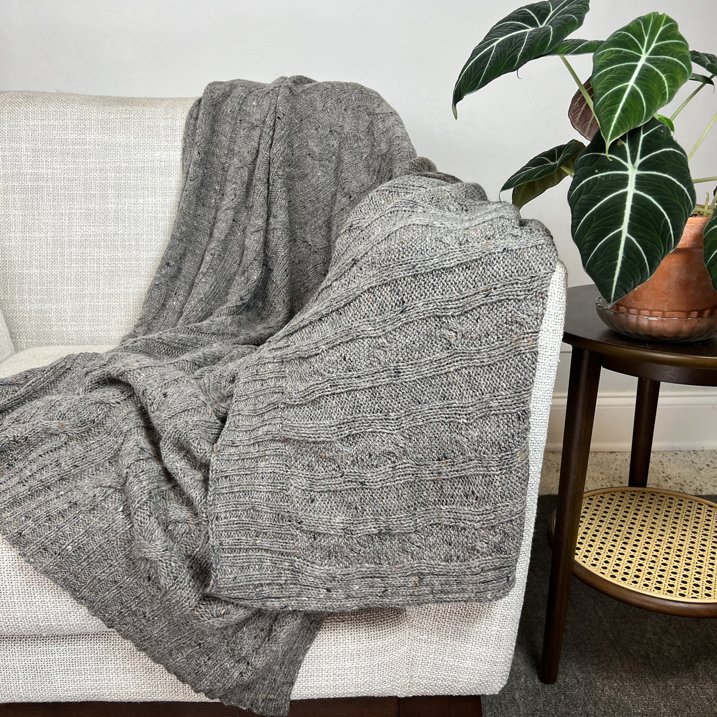 Alpaca Throw, Smoke Grey Cable Knit