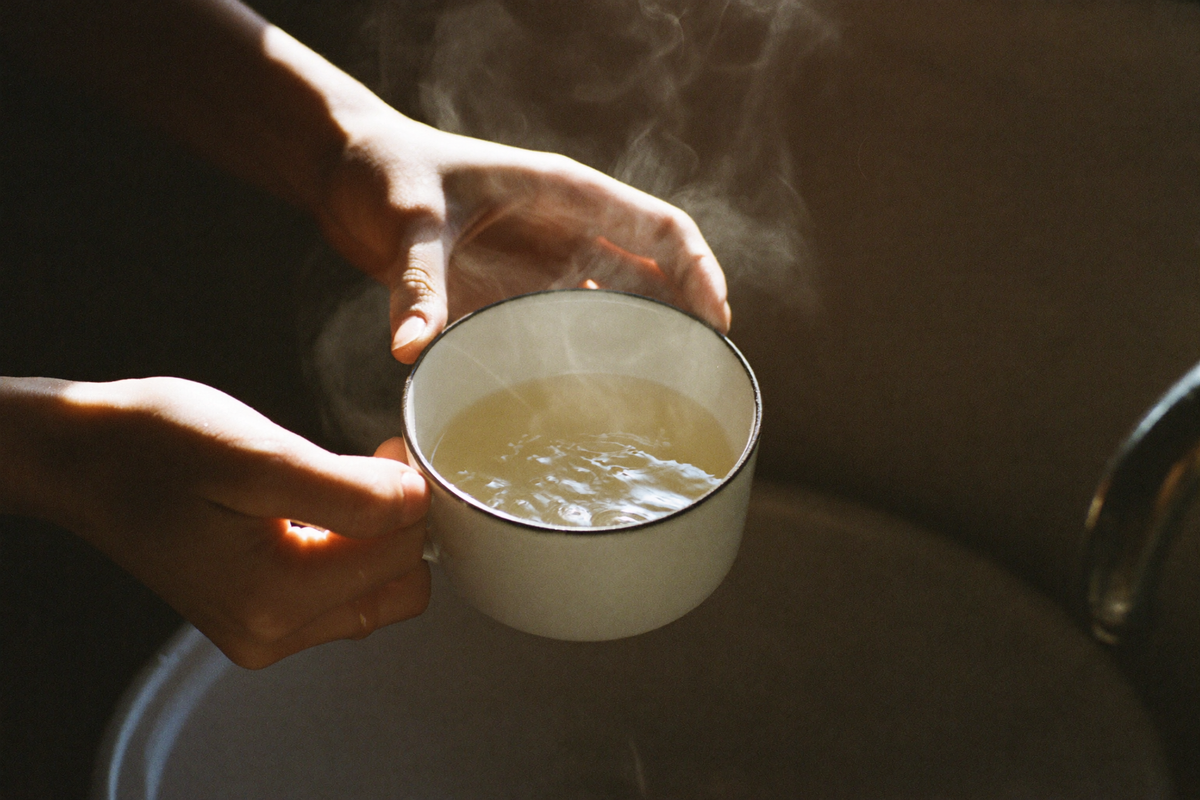 Hot water swirled inside an empty porcelain cup before brewing