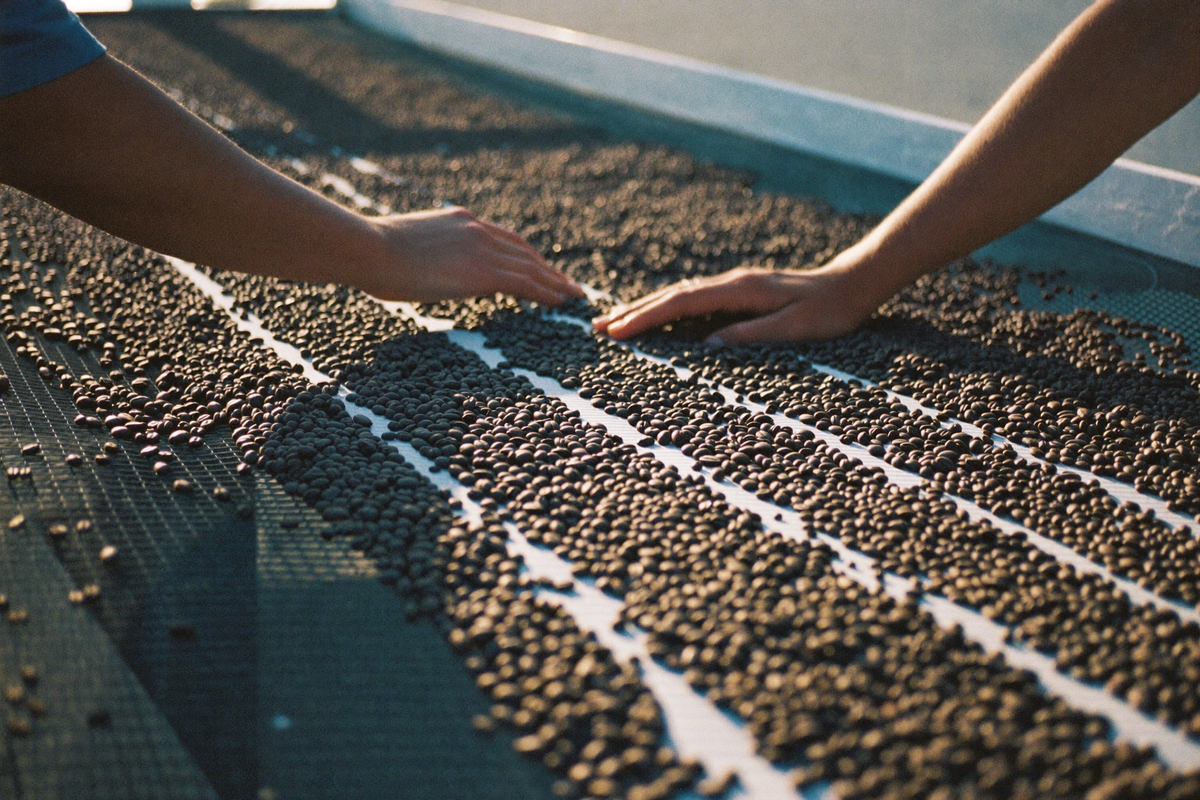 Hands raking coffee beans across a raised drying bed