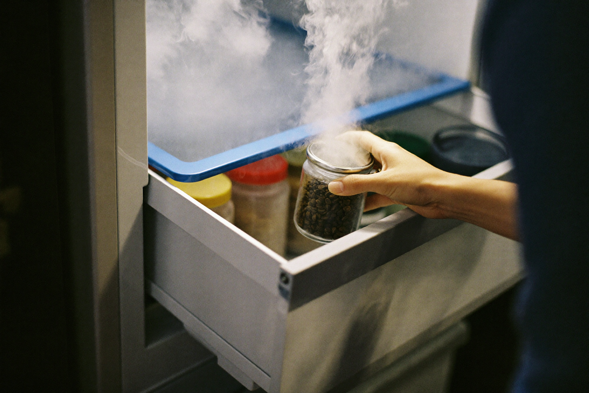 A frosted jar of coffee beans lifted from a freezer drawer