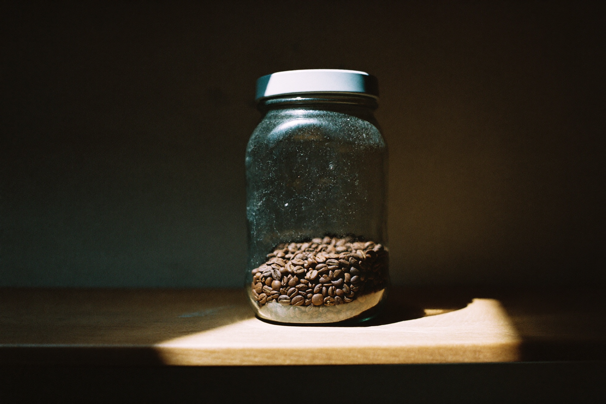 A jar of very fresh beans on a pantry shelf in a shaft of light