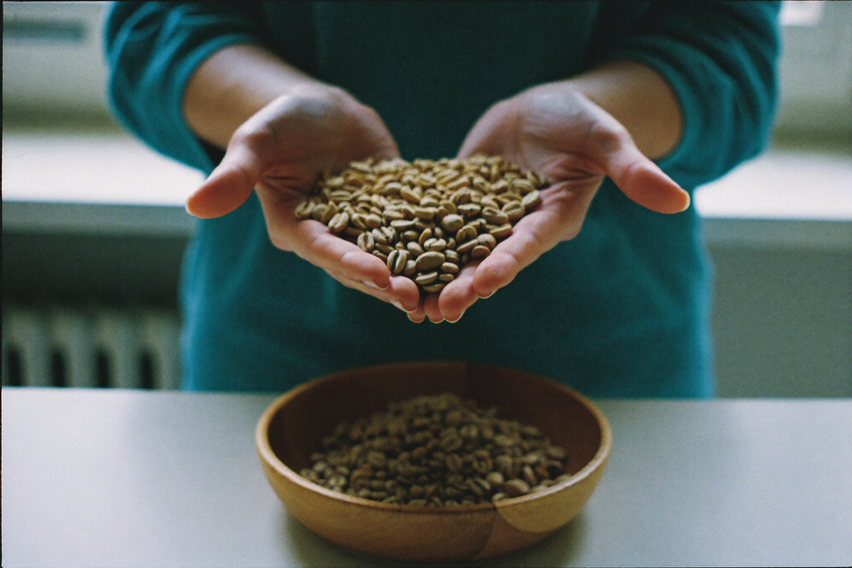 Cupped hands full of pale green unroasted coffee beans held above a shallow wooden bowl of the same.