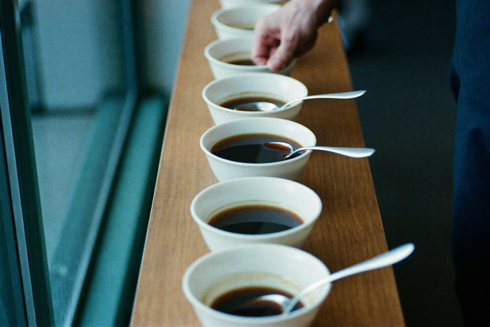 A receding row of identical white cupping bowls of dark coffee, a cupping spoon resting on the nearest rim.