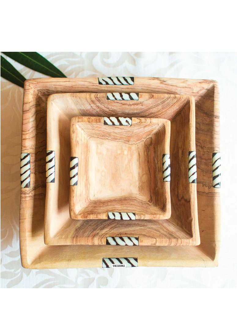 African Olive Wood Bowls, Squared, Set