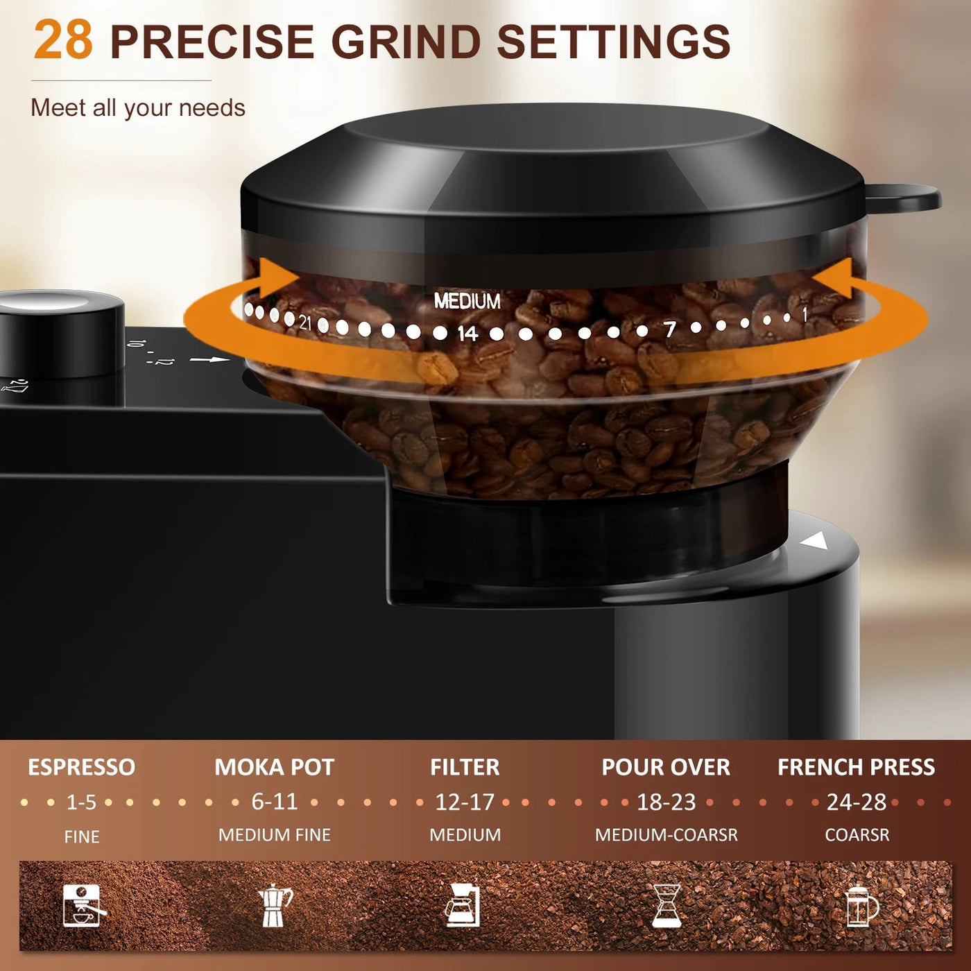 Burr Grinder, Electric, 28 Settings